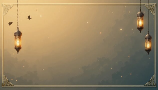 Hanging lanterns and birds against a starry twilight background with a decorative golden border frame