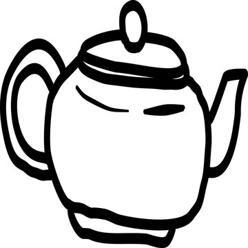 Minimal hand-drawn black coffee pot illustration with lid, handle, spout, and bold irregular outlines. Cute cartoon doodle kitchen icon isolated on transparent background for caf&eacute; branding, menus, pac
