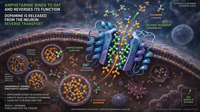 Dopaminergic terminal background illustrating amphetamine green molecules binding to dat to reverse transport function and trigger excess dopamine release from neuron