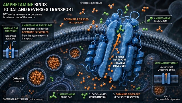 Amphetamine green molecules binding to the dopamine transporter dat reversing its normal function and causing dopamine release via reverse transport in terminal