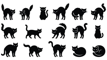 Fototapeta premium Set of black cat silhouettes in various poses and expressions