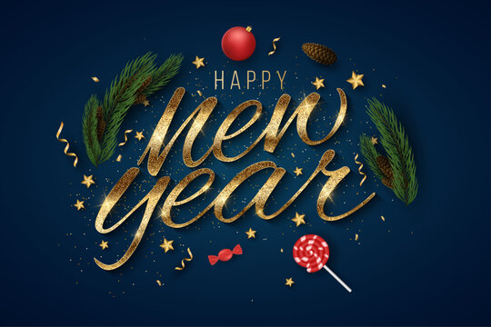 Elegant Happy New Year banner design on a deep blue background featuring golden glitter script text decorated with Christmas tree branches, cones, golden stars, candy and confetti. Vector illustration