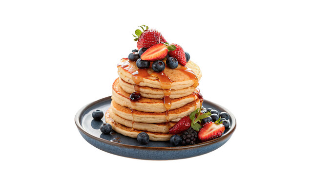 Stack of delicious fresh pancakes topped with sweet berries syrup on plate
