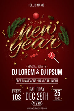 Elegant New Year party flyer design on a red background featuring golden glitter script text, Christmas tree branches, candy with stars and confetti for a club poster celebration with DJ. Vector.