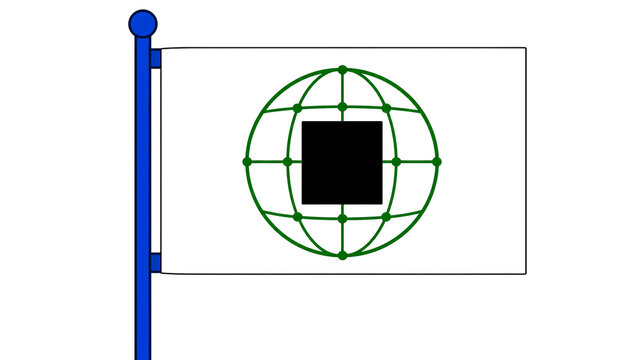 White flag with blue pole and green globe network centered around black square symbolizing global connection and technology design