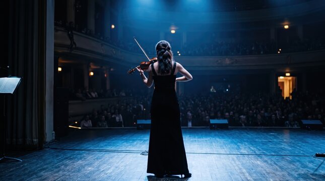 Female violinist performing on stage in grand concert hall, rear view of musician in black dress playing violin under spotlight before large audience, classical music event