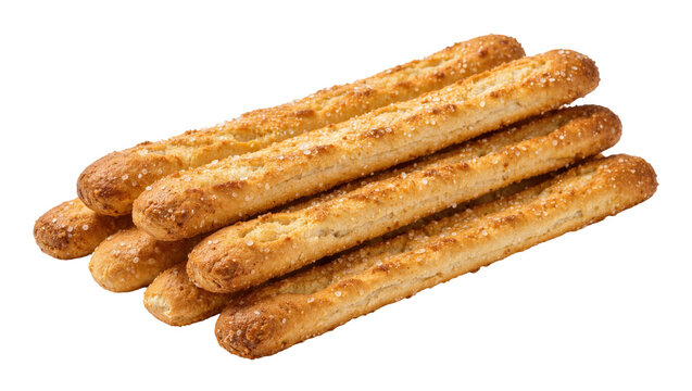 Golden baked breadsticks with coarse salt crystals, isolated on transparent background