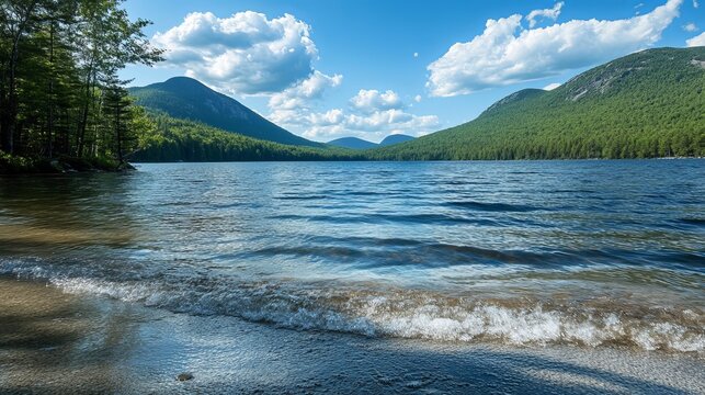 Tranquil lake reflects majestic mountains, clear blue sky, and fluffy clouds, showcasing natural beauty and outdoor serenity
