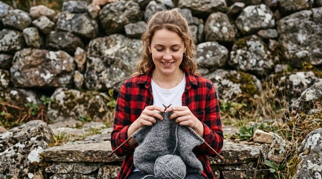 Young woman knitting a warm gray wool sweater outdoors beside a rustic stone wall in the countryside