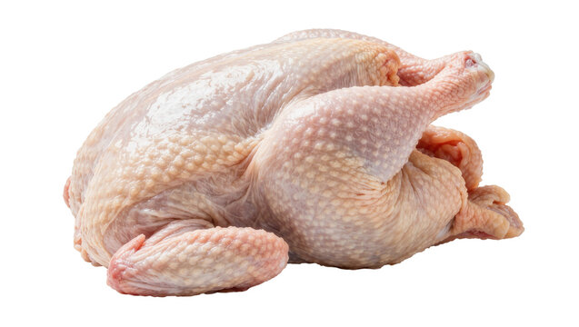 Whole raw chicken with textured skin, isolated on transparent background