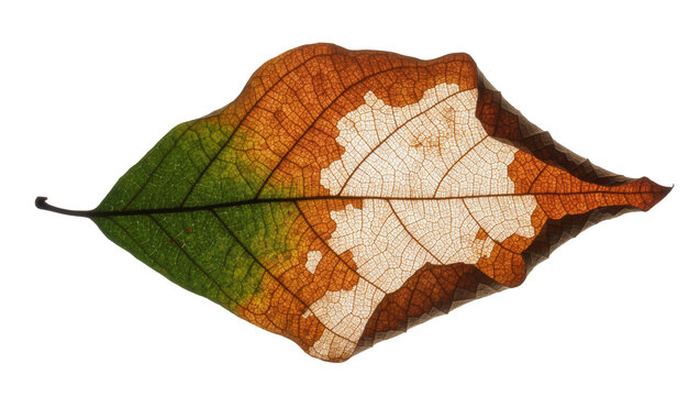 Translucent autumn leaf with green to brown gradient, isolated on transparent background