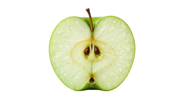 Green apple half with visible seeds and stem, isolated on transparent background