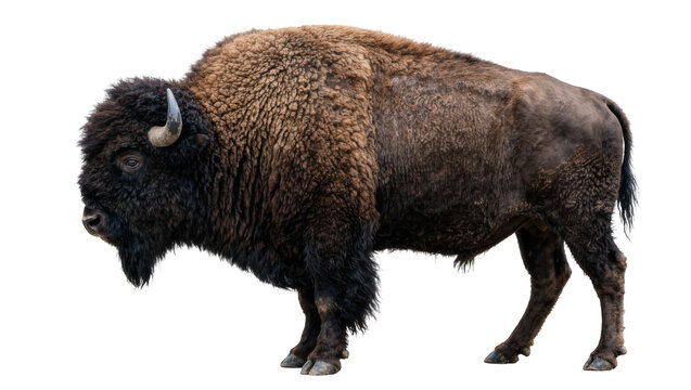 Majestic American bison with thick brown fur, isolated on transparent background