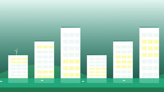Minimalist flat animation of eco-friendly green city featuring skyscrapers and a wind turbine. Conceptual representation of sustainable urban development and renewable energy in a modern style.
