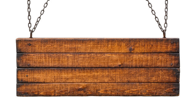 Rustic wooden plank sign with metal chains, isolated on transparent background