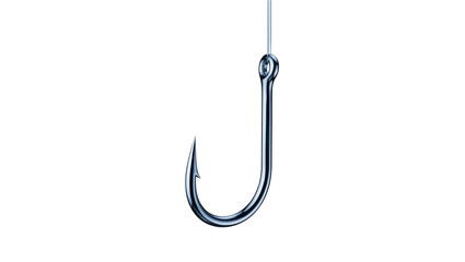 Fototapeta premium Shiny metallic fishing hook suspended by thin thread, isolated on transparent background