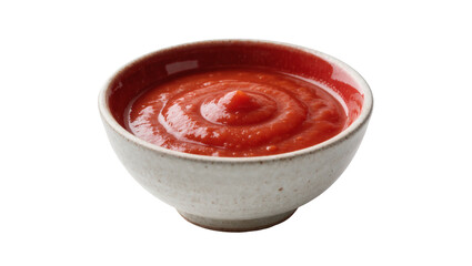 Creamy tomato ketchup swirl in a rustic ceramic bowl, isolated on transparent background