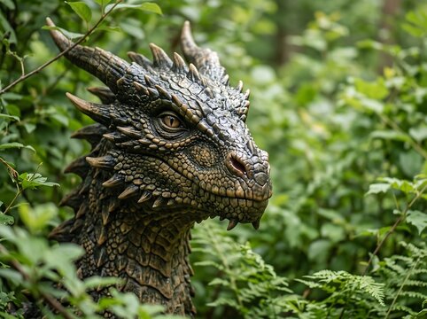 Detailed dragon head peering through green forest leaves