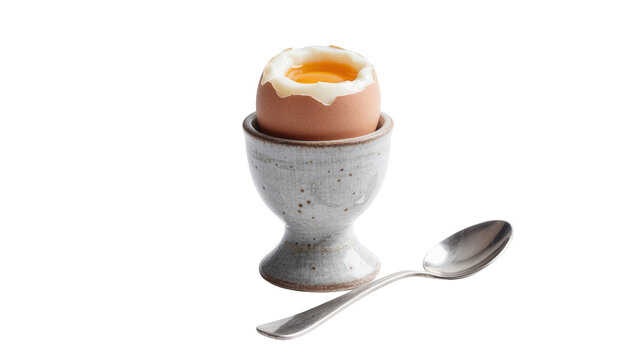 Soft boiled brown egg with runny yolk in speckled ceramic holder spoon, isolated on transparent background