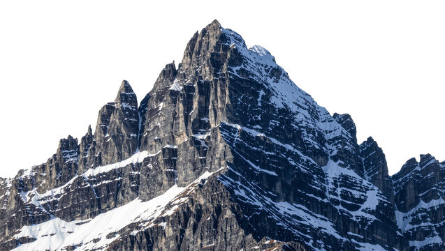 Jagged rocky mountain peak with snow patches, isolated on transparent background