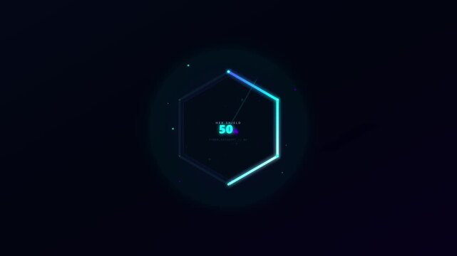 Neon blue hexagon progress bar displaying percentage in HUD style. Futuristic digital loading interface for technical data processing and cyber security software on dark background.
