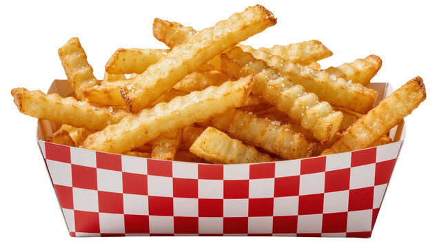 Golden crinkle-cut french fries with salt served in a red and white checkered paper tray, isolated on transparent background