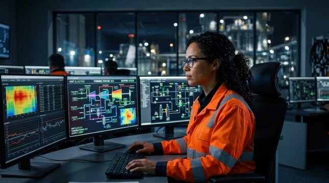 Female engineer monitoring industrial plant data on computer screens in a control room