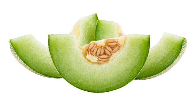 Fresh green honeydew melon slices with seeds, isolated on transparent background