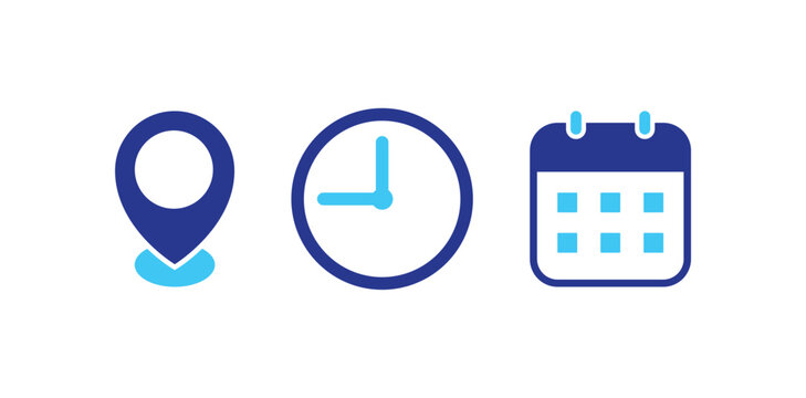 date, time, and location vector icon set. map pin, clock, and calendar symbols for modern scheduling and event application