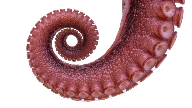Detailed octopus tentacle with suction cups spiraling inwards, isolated on transparent background