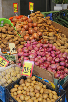 Potatoes and Onions Vegetables at Farmers Market Stall in Athens Greece