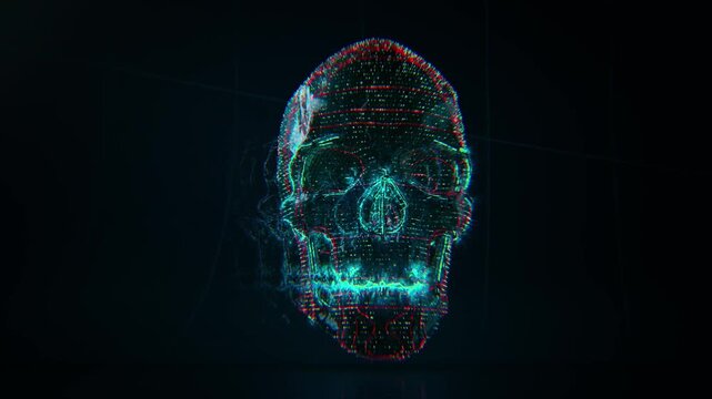 Digital human skull representation with glowing wireframe data points hologram technology futuristic anatomy medical