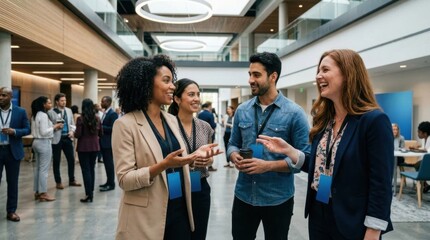Obraz premium Diverse young professionals networking and socializing at a modern business conference event
