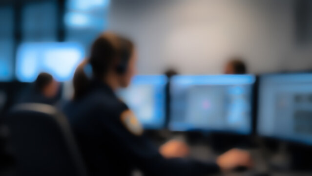 Blurred snapshot of a working shift in a police call center for articles and banners about rescue services
