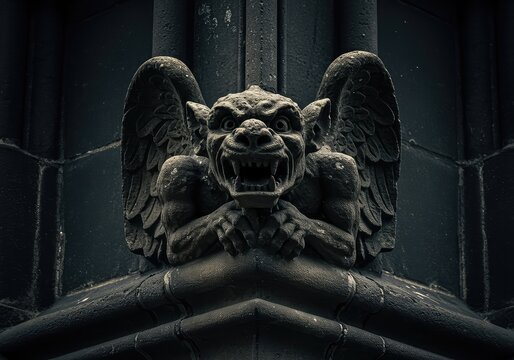 Detailed view of a menacing stone gargoyle sculpture with sharp teeth and large wings, resting on dark weathered architecture ,medieval ,stone ,Gargoyle