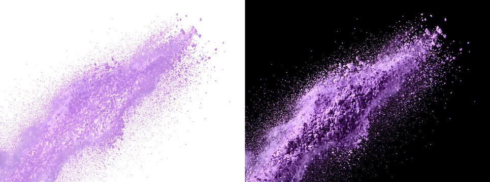 Violet powder particles scatter in a chunky diagonal burst with fine dust trails creating a bold design element in PNG, Transparent and Black Background Versions