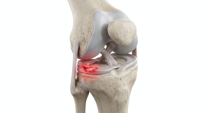 Detailed 3d medical illustration of a human knee joint showing meniscus tear and pain