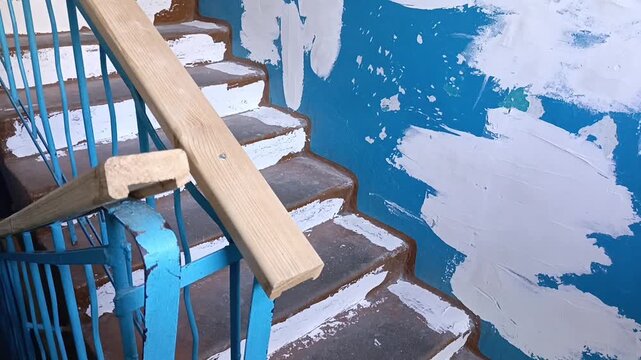 Repaired and plastered wall on a staircase landing in an apartment building entrance, symbolizing construction work, interior renovation, wall restoration and finishing work.