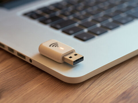 Compact white USB Wi-Fi adapter plugged into a laptop on a wooden desk