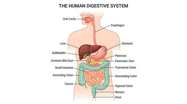 Detailed anatomical illustration showing parts of the gastrointestinal tract and internal organs for medical education and scientific study