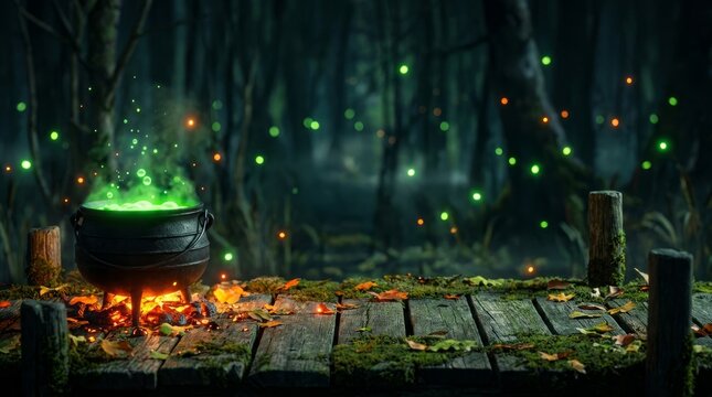 A bubbling black cauldron filled with magical green liquid sits over a fire on a wooden platform in an enchanted