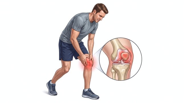 Athlete suffering from acute knee pain during workout with anatomical inset detail