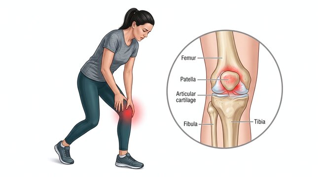 Medical illustration showing knee joint pain in a woman and human anatomy diagram