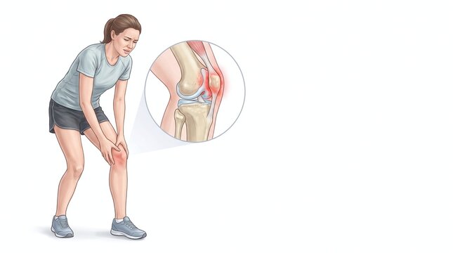 Woman experiencing joint discomfort while holding her painful knee with anatomy zoom in