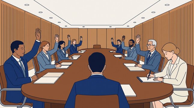 Board of directors formal voting resolution corporate governance meeting vector illustration of committee members raising hands to approve company decision while secretary records paper minutes