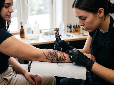Female tattoo artist inking bird design on client forearm in studio