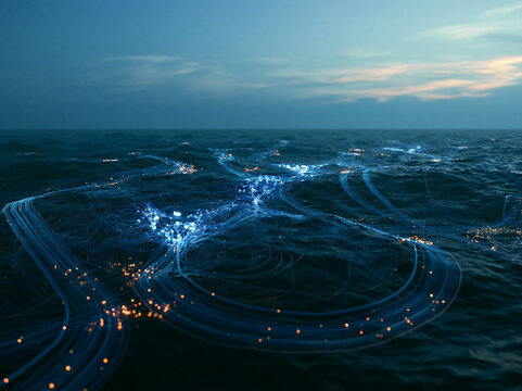 Glowing digital data streams and fiber optic lines flowing across the ocean surface
