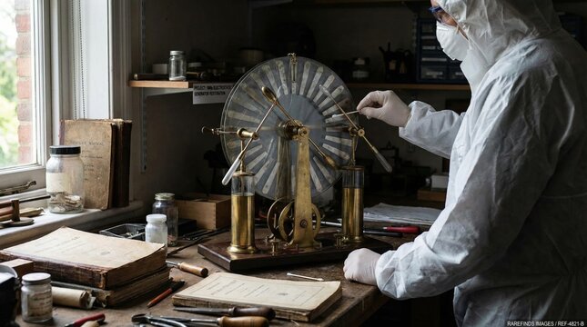 Conservator restoring an antique electrostatic generator. Vintage science equipment in a workshop