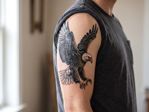 Bald eagle tattoo with spread wings on a man upper arm