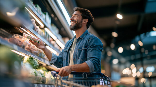 Man browsing shelves inside a modern grocery store while pushing a shopping cart, everyday shopping, consumer lifestyle, retail environment, commercial
